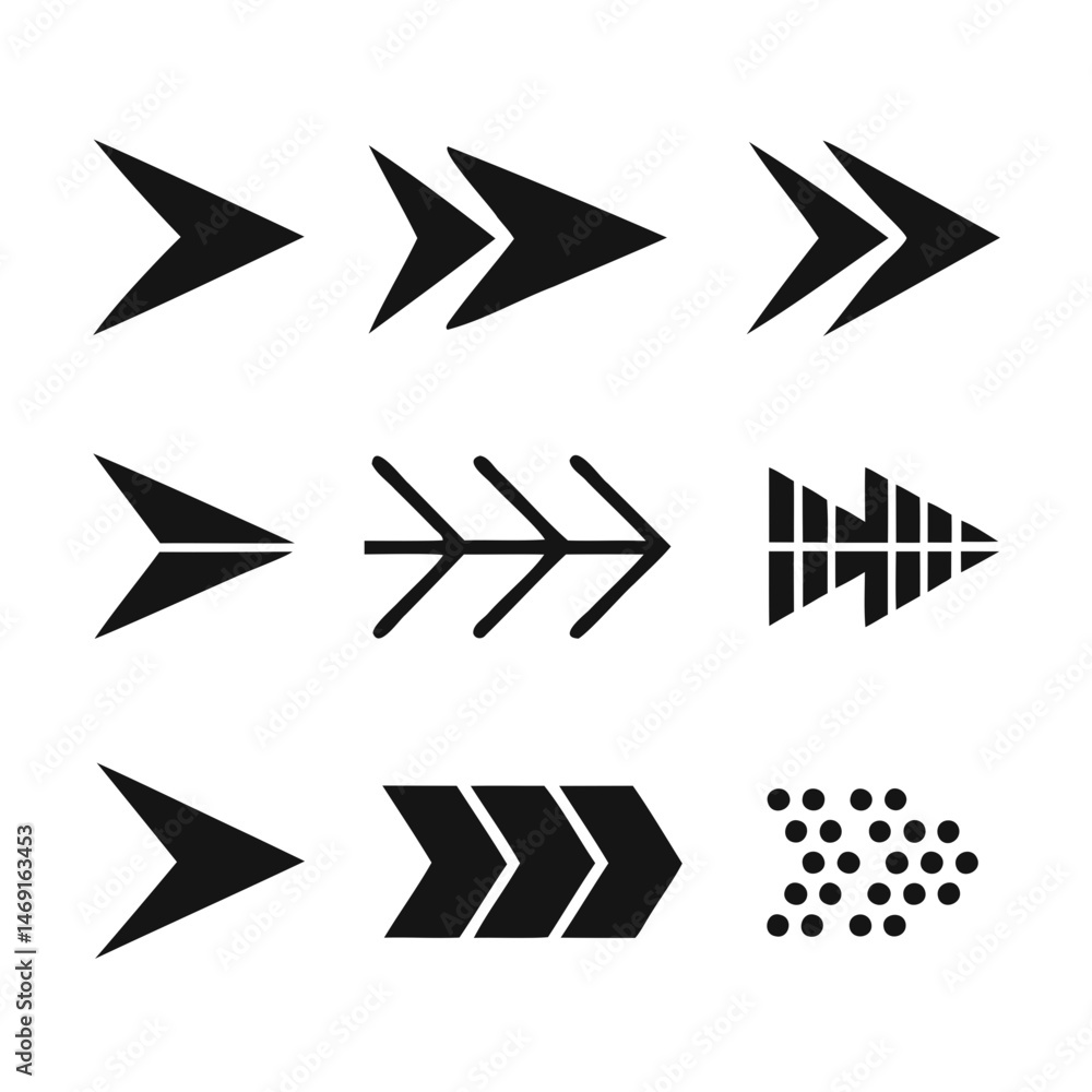 Poster stylized collection of nine unique black arrow vector silhouettes isolated on transparent background