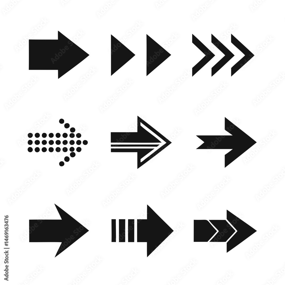 Poster black arrow vector icon bundle with nine different silhouettes perfectly isolated on a transparent b
