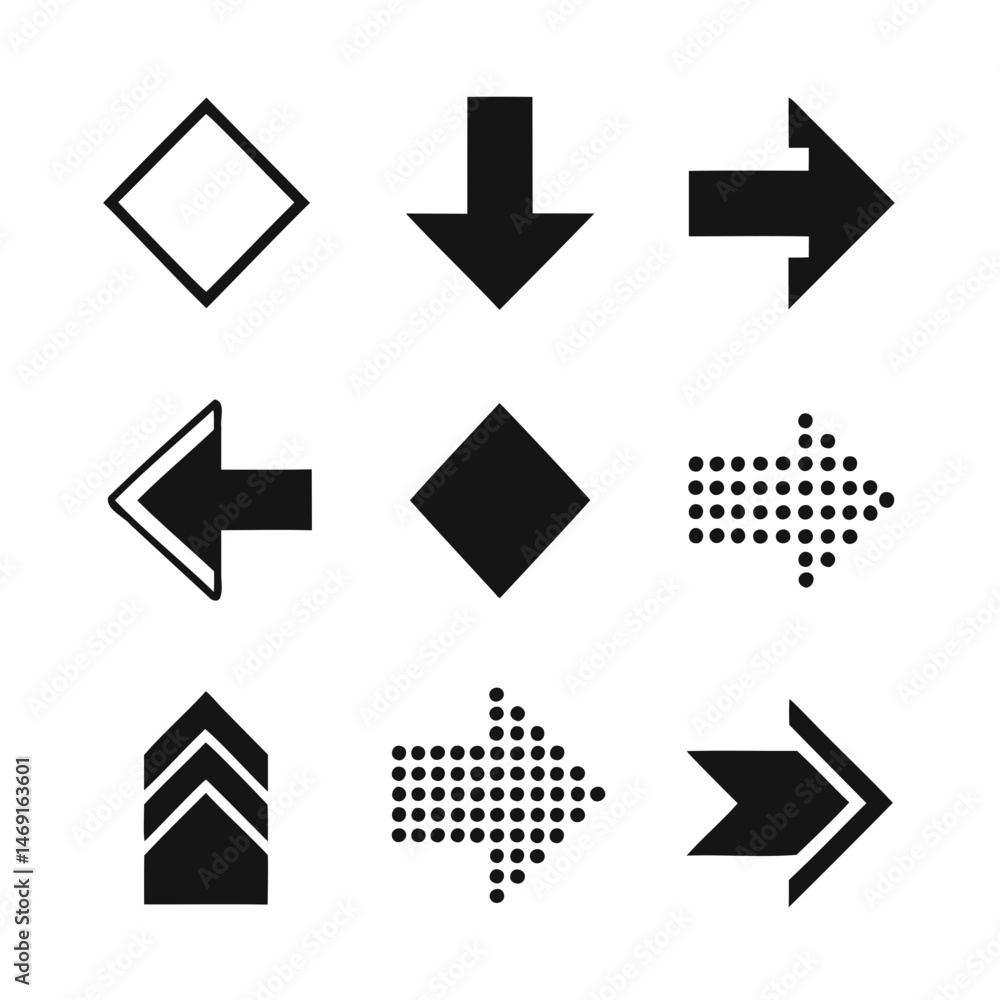 Poster best black arrow icon pack featuring nine different vector silhouettes isolated on a transparent bac