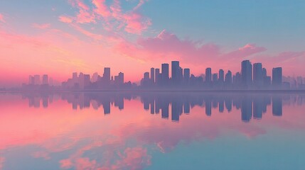 Fototapeta premium Urban Skyline at Dawn with Pastel Skies Reflected in Water