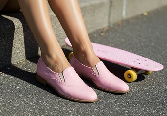 Youthful relaxation, a pink skateboard and matching glossy moccasins shoes
