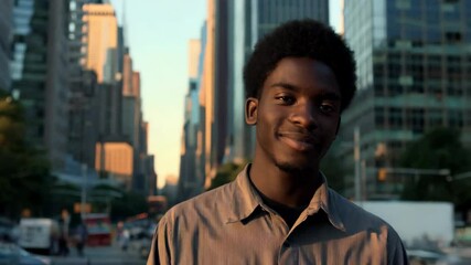 A cheerful Black male exudes confidence while wearing a button-up shirt, surrounded by a stunning sunset urban landscape in New York