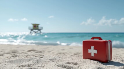 Red First Aid Kit on Sandy Beach with Lifeguard Tower in Background beach aid first aid kit sand sea
