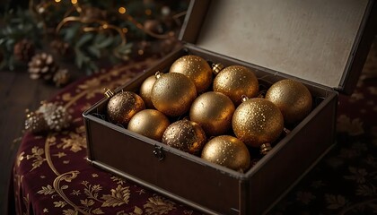 Obraz premium Elegant Christmas Ornaments Inside a Decorative Box Ready for Holiday Decorating and Festive Celebrations in a Cozy Indoor Setting with Warm Lighting