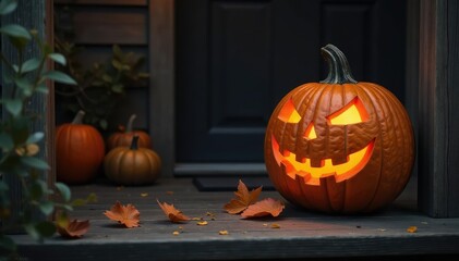 Classic carved jack-o-lantern on a rustic wooden porch Spooky Halloween decoration , porch, jack-o-lantern