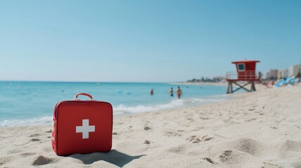 First Aid Kit on a Sunny Beach with Lifeguard Stand beach lifeguard first aid kit summer safety sea
