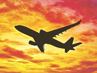 The silhouette of an airplane flying through a fiery sunset sky, with vibrant streaks of orange, yellow, and red creating a dramatic backdrop to the aircraft&acirc;&euro;&trade;s outline.