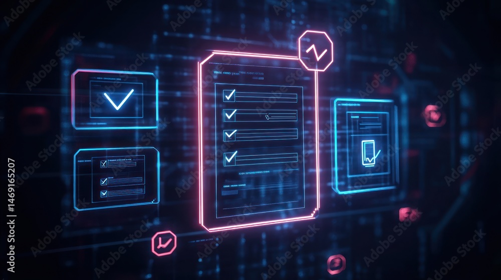 Poster digital interface with check marks and graphic elements