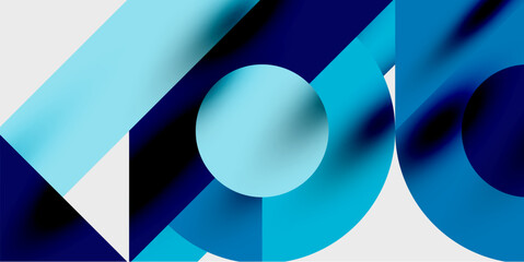 Abstract composition. Blue, white shapes overlap creating dynamic visual effect. Minimalist design, modern aesthetic.