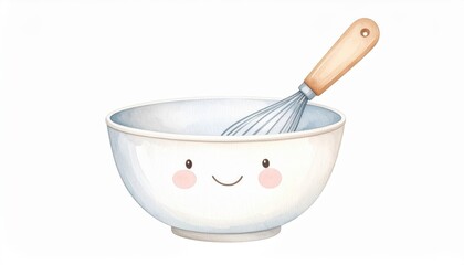 A cute, cartoon white mixing bowl with a smiling face and rosy cheeks contains a wire whisk with a wooden handle, all against a white background.