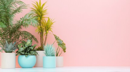 Fototapeta premium Colorful potted plants on soft pink wall interior design home styling green botanical decor contrast
