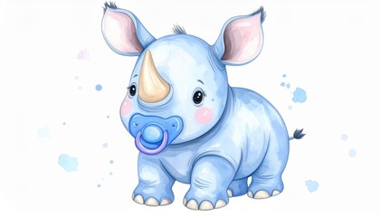 Fototapeta premium Whimsical blue rhino with a pink nose, vibrant fantasy creature in dreamlike world