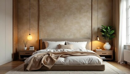 Cozy bedroom wall with textured wallpaper and subtle lighting Perfect for interior design blogs and websites , vintage, house, lighting