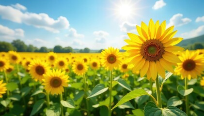 Fototapeta premium Endless field of vibrant sunflowers in full bloom, bathed in sunlight , sunny, flowering, rural