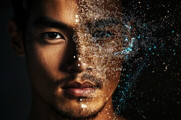 A man's face fades into digital particles, representing technology's integration with humanity and the future of identity in a digital world.