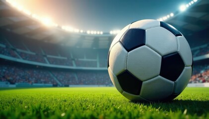 Naklejka premium Giant soccer ball in stadium setting, ready for the big game , perspective, round