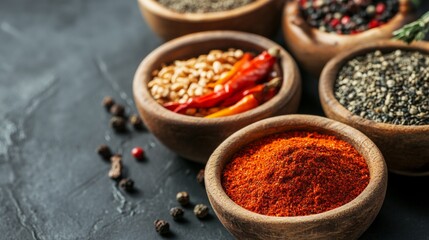 Rustic table with spices in wooden bowls vibrant food flavor kitchen ingredients paprika seasoning herbs