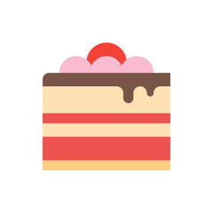 Illustration of a layered cake slice with pink topping and a red cherry decoration on a white background