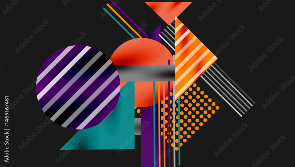 Poster Abstract geometric composition. Shapes overlap, creating dynamic visual interest. Colors include purple, orange, teal, gray. Modern design.
