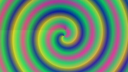 A vibrant, multicolored spiral design with concentric circles and gradient hues