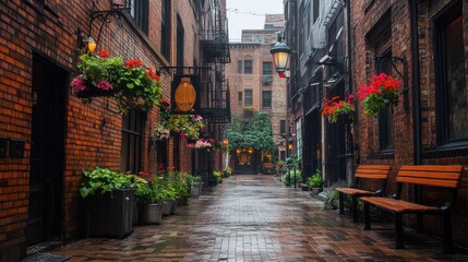 Fototapeta premium Rainy alleyway with flowers and brick buildings. Urban scene. Possible use Stock photo