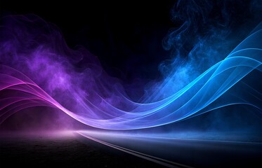 Abstract Neon Road with Light Waves with Bright Purple and Blue Smoke