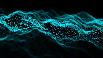 Digital blue halftone wave background. The futuristic abstract structure or network connection. Big data visualization. 3D rendering.