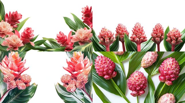 Tropical flowers, vibrant pink and coral, arranged in a grid pattern on a white background.  Each section showcases unique clusters of the flower