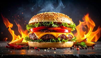 Generated image Spicy Burger with beef patty, hot peppers, cheese, vegetables and roasted