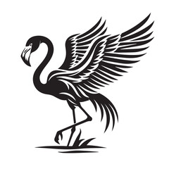 Obraz premium Elegant black and white flamingo vector illustration with wings open and natural elements