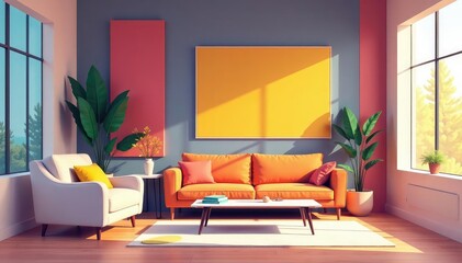 Stylish interior design vector illustration featuring modern furniture and abstract shapes , contemporary, line art, stylish