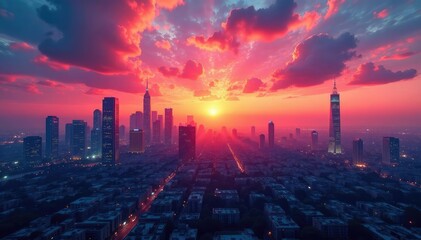 Fototapeta premium Stunning sunset colors paint the city skyline, vibrant hues across buildings and sky , orange, evening