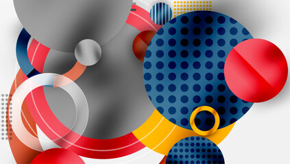 Abstract composition featuring vibrant circles, curves, dots. Modern design with red, blue, yellow elements over gray background.