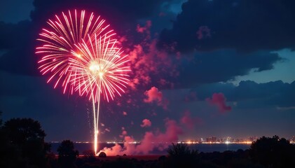 Vibrant fireworks burst in the night sky, illuminating the darkness with bright colors , light, beautiful, spectacular