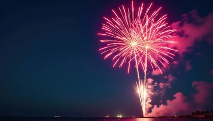 Vibrant fireworks explode in the night sky, creating a dazzling display of light and color , pyrotechnics, colorful, orange