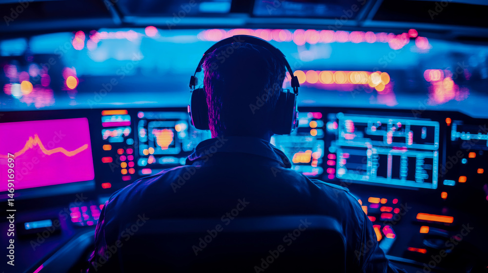 Poster cyberpunk control: a neon-lit operator monitors a complex system interface, immersed in a futuristic