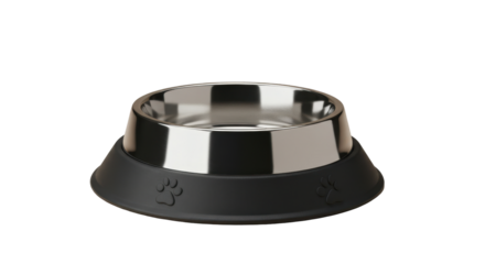metallic pet bowl with a non-slip black rubber base.  isolated on transparent png