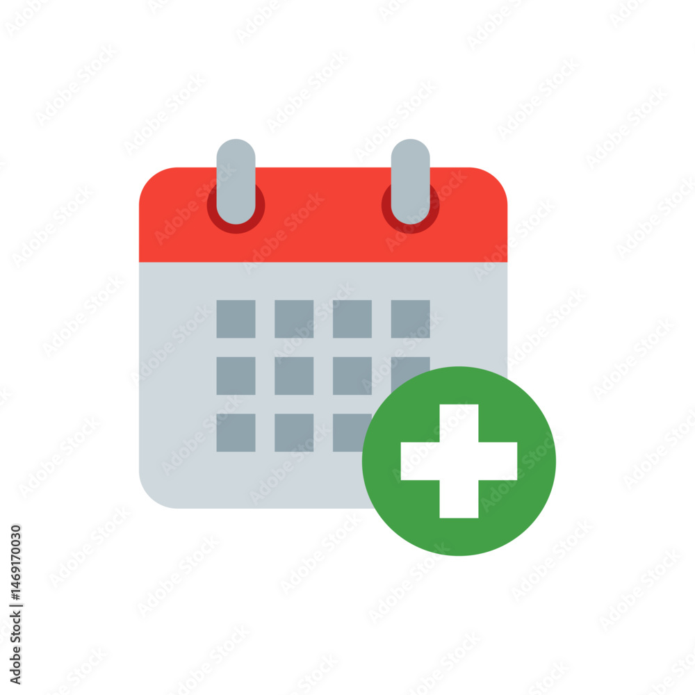Poster calendar icon with red header and gray grid, plus sign in green circle for add event, appointment, s