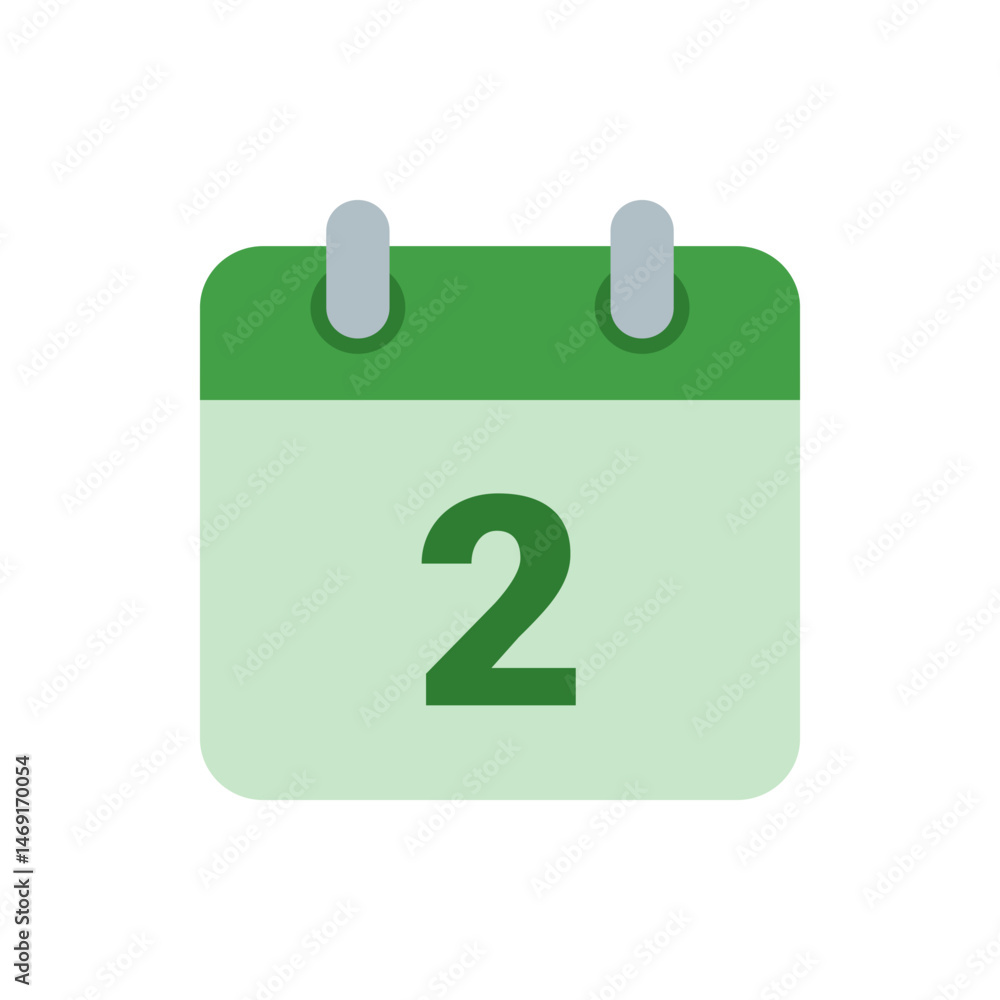 Poster illustration of a green calendar icon displaying the number two in the center of the calendar page d