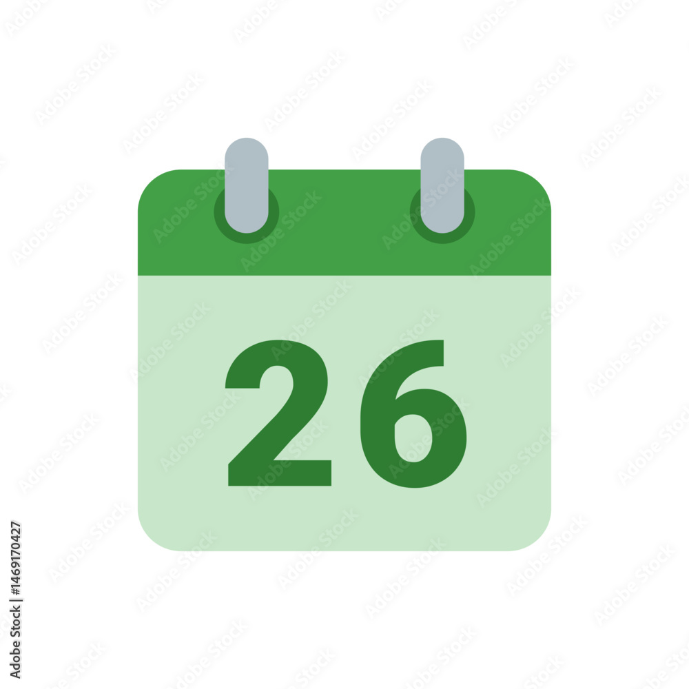 Poster illustration of a green calendar icon displaying the number twenty six for date reminder or scheduli