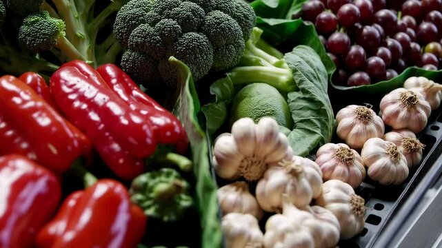 Colorful vegetable and produce market display with broccoli, red peppers, and garlic