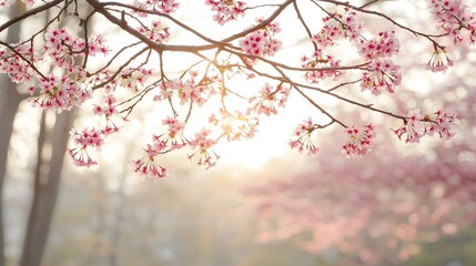 Fototapeta premium Blooming Cherry Blossom Branch Against Soft Morning Light in Springtime Garden