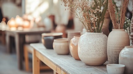 Ceramic pottery shop interior with handmade vases neutral color tones artisan display shelf
