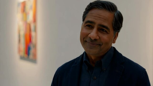 A South Asian man is engaged and smiling in a contemporary art space, appreciating vibrant artwork in an artistic atmosphere