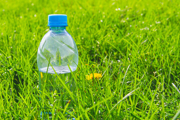 Plastic water bottle in thick green grass in sun.