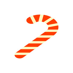 Illustration of a striped candy cane with red and yellow stripes on a white background, festive treat icon
