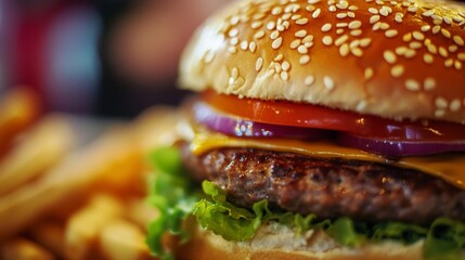 Close up hamburger with lettuce cheese and sesame bun and background of french fries meal