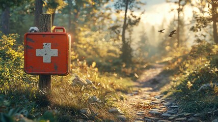 First Aid Kit on a Forest Trail at Sunset forest trail aid first aid kit emergency safety wilderness