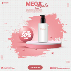 Cosmetics product advertisement poster design vector with pink color and brush effect. 3D realistic product sale social media post design template. Pink abstract empty social media podium design. 