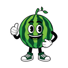 Obraz premium Watermelon fresh juicy slice running character cartoon cute smiling face cheerful happy emotions icon vector illustration. 